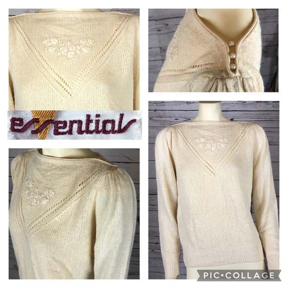 Vintage Essential cream sweater with pearl buttons silk & angora mix size medium - Picture 1 of 12